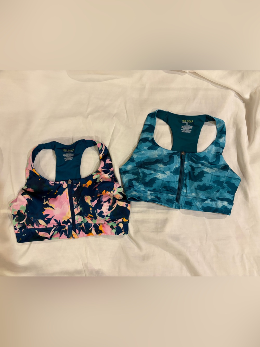 Tek Gear Front-Zip TWO Sports Bras - Dark Teal/Pink Floral & Teal Camo M